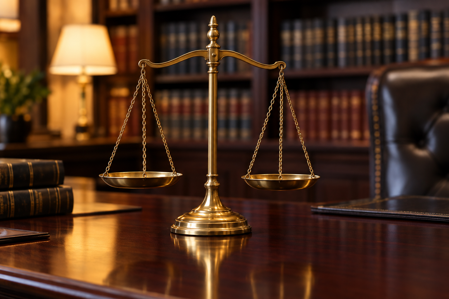 Scales of justice on a mahogany desk