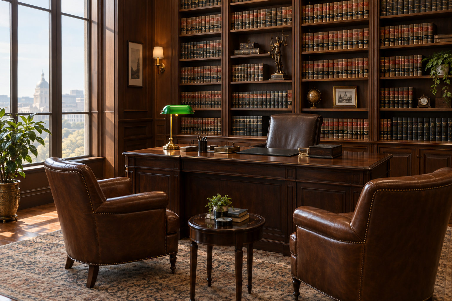 Interior of Upton Jay Law Office with bookshelves and desk
